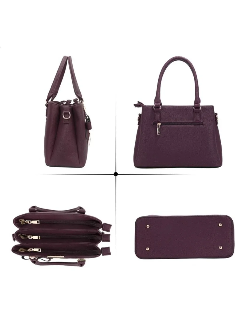 Stylish PU Leather Satchel Bag with 3 Zippered Compartments & Removable Strap